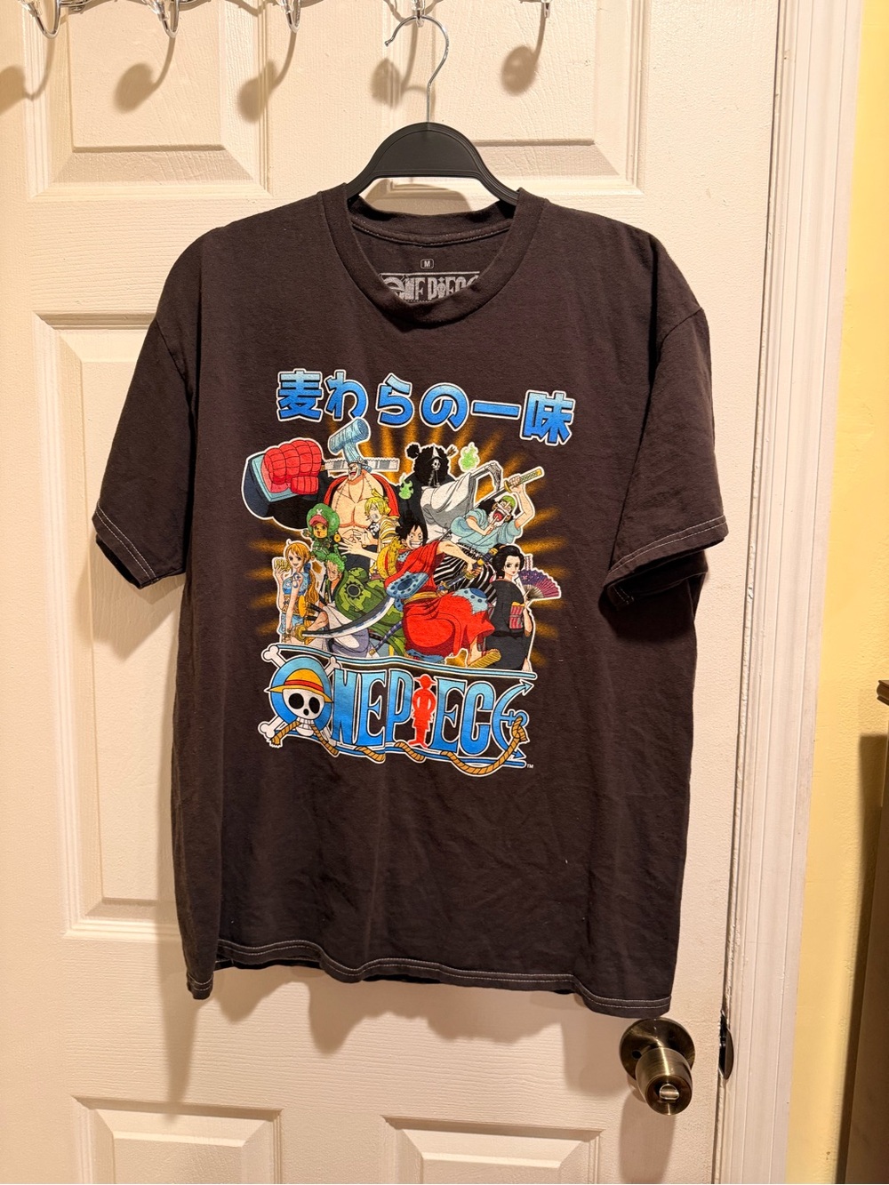 Onepiece Black Anime Crewneck Tee with Colorful Straw Hat Print
